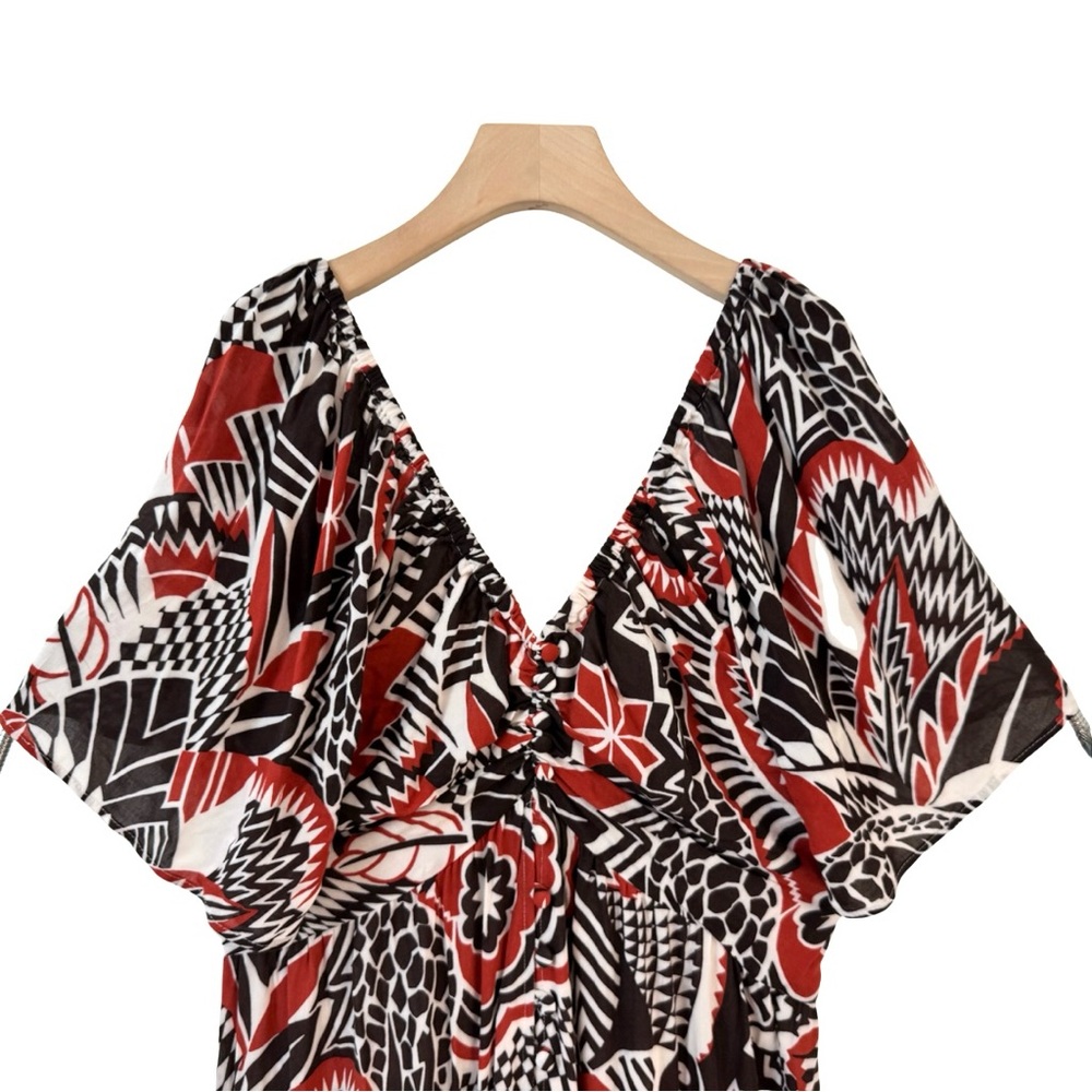 By Anthropologie XL Tiered Maxi Dress Red Pattern Short Sleeve V-Neck‎ Buttons - Picture 6 of 15